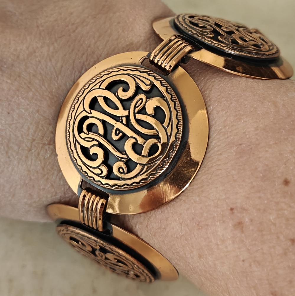 Vintage Copper Monogram Scroll Five Link Bracelet